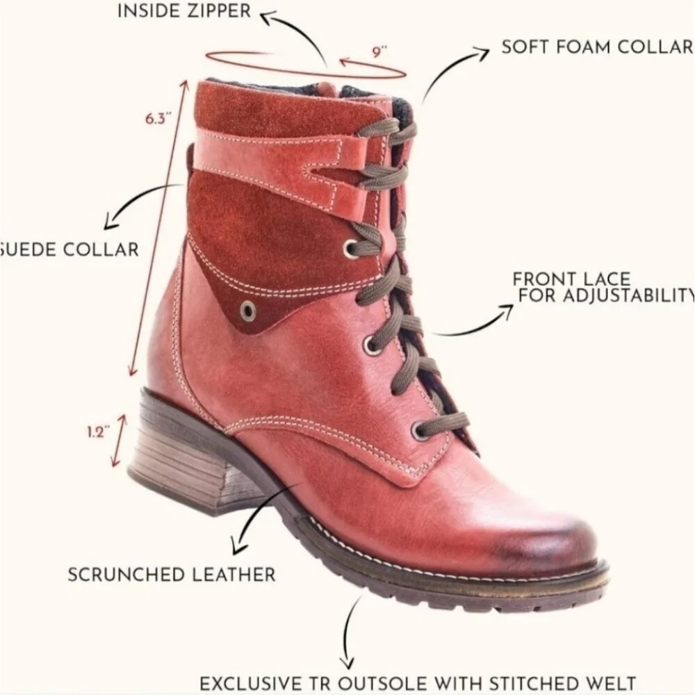 Dromedaris Kara Lace Up Red Leather Combat Moto Boots Women's Size 9.5-10 EU 40